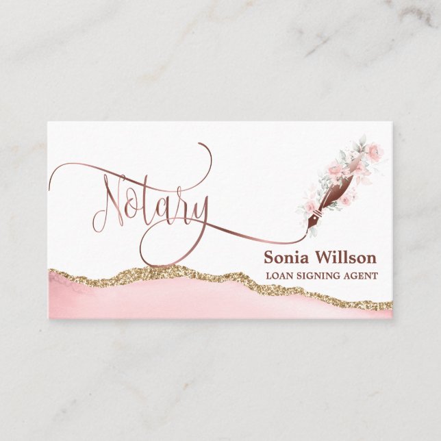 Tarjeta De Visita Notary Loan Signing Agent Modern Rosa Gold Agate B (Anverso)