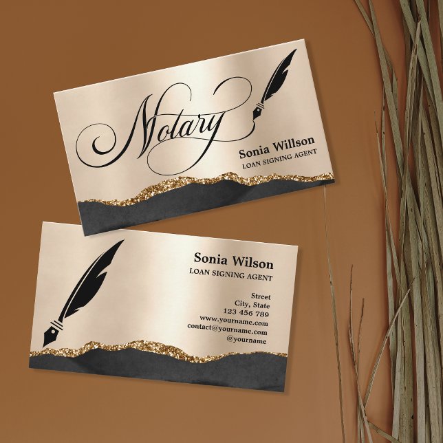 Tarjeta De Visita Notary Loan Signing Agent Modern Rosa Gold Agate B (Subido por el creador)