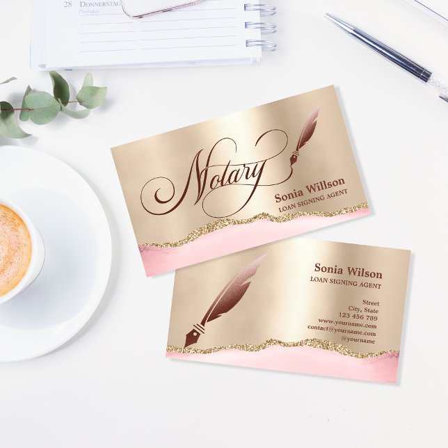 Tarjeta De Visita Notary Loan Signing Agent Modern Rosa Gold Agate B (Subido por el creador)