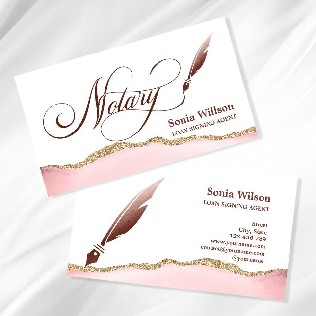 Tarjeta De Visita Notary Loan Signing Agent Modern Rosa Gold Agate B (Subido por el creador)