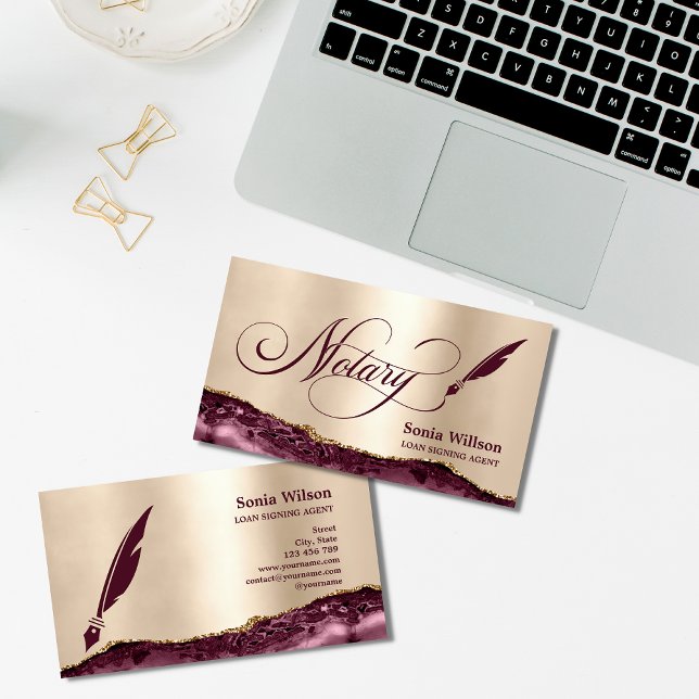Tarjeta De Visita Notary Loan Signing Agent Modern Rosa Gold Agate B (Notary Pen Logo is an original artwork by Savanamm Design)