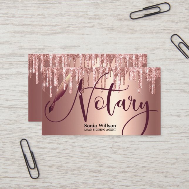 Tarjeta De Visita Notary Loan Signing Agent Modern Rosa Gold Purpuri (Anverso/Reverso In Situ)