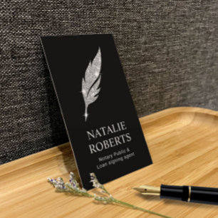 Tarjeta De Visita Notary Loan Signing Agent Modern Silver Quill Logo