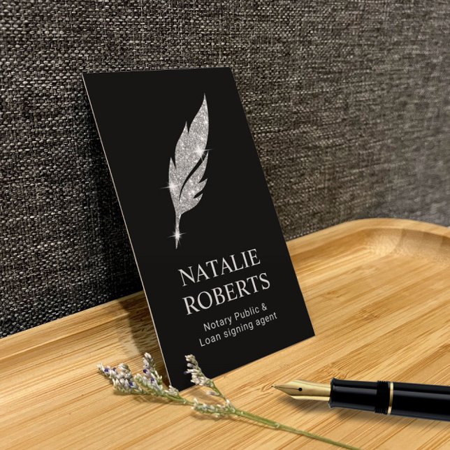 Tarjeta De Visita Notary Loan Signing Agent Modern Silver Quill Logo (Subido por el creador)