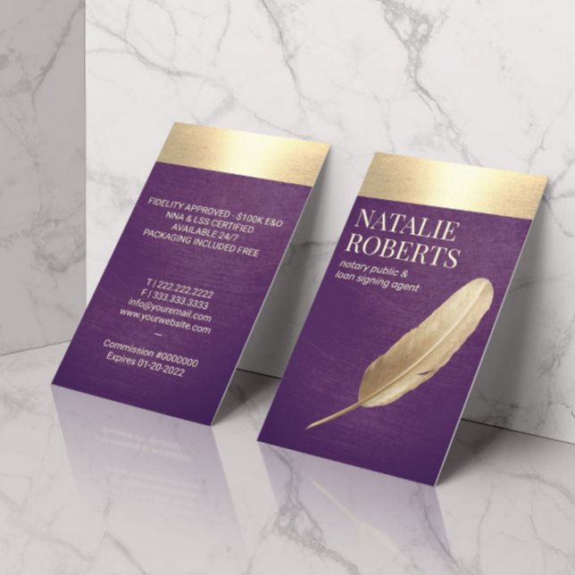 Tarjeta De Visita Notary Loan Signing Agent Purple & Gold Quill (Subido por el creador)