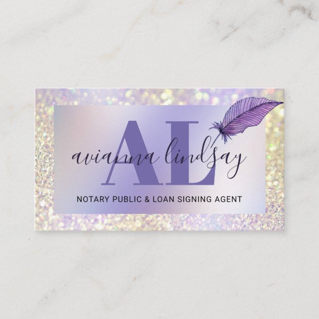 Tarjeta De Visita Notary Loan Signing Agent Purple Purpurina Monogra (Anverso)