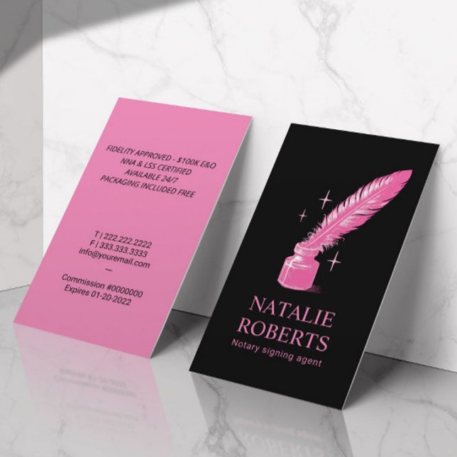 Tarjeta De Visita Notary Loan Signing Agent Quill Modern Black Pink (Subido por el creador)