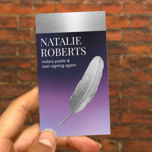 Tarjeta De Visita Notary Loan Signing Agent Silver Quill Purple (Subido por el creador)