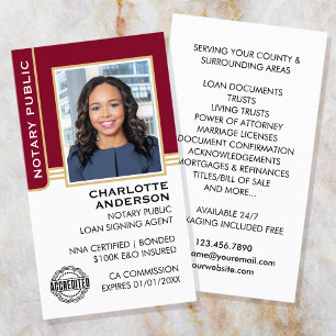 Tarjeta De Visita Notary Public Loan Siging Agent ID Burgundy Gold