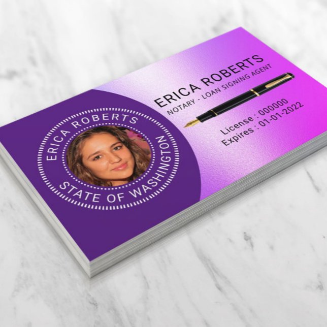 Tarjeta De Visita Notary Public Loan Siging Agent Purple Photo (Subido por el creador)