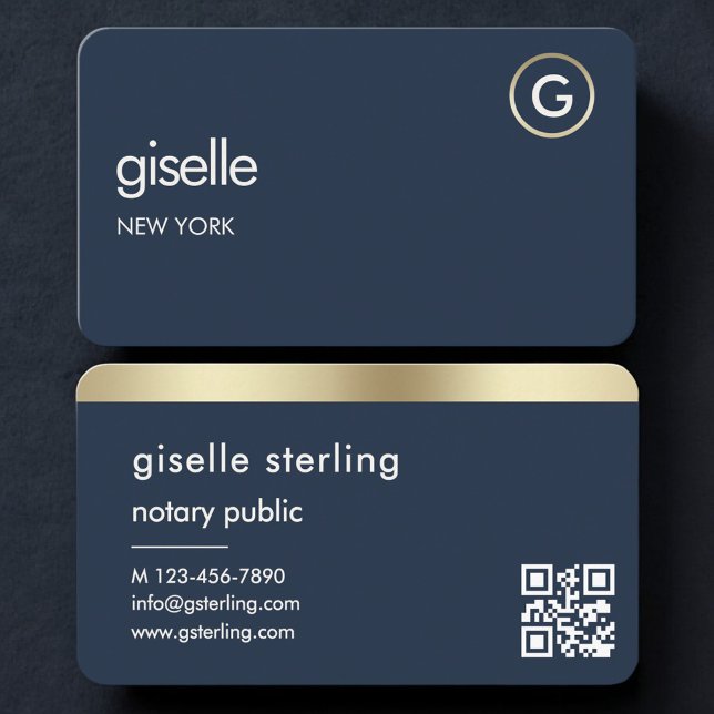 Tarjeta De Visita Notary Public Navy Blue Gold QR Code (Subido por el creador)