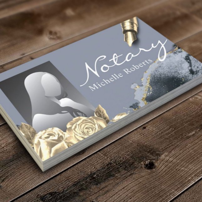 Tarjeta De Visita Notary Signary Agent Gold Floral Blue Agate Photo (Subido por el creador)
