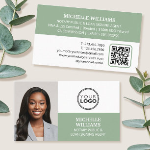 Tarjeta De Visita Notary Signary Agent Photo Logo QR Code Green