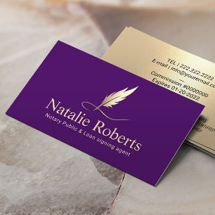 Tarjeta De Visita Notary Signary Agent Purple & Gold Quill Logo