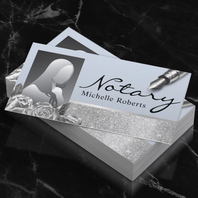 Tarjeta De Visita Notary Signary Agent Silver Floral Blue Photo (Subido por el creador)