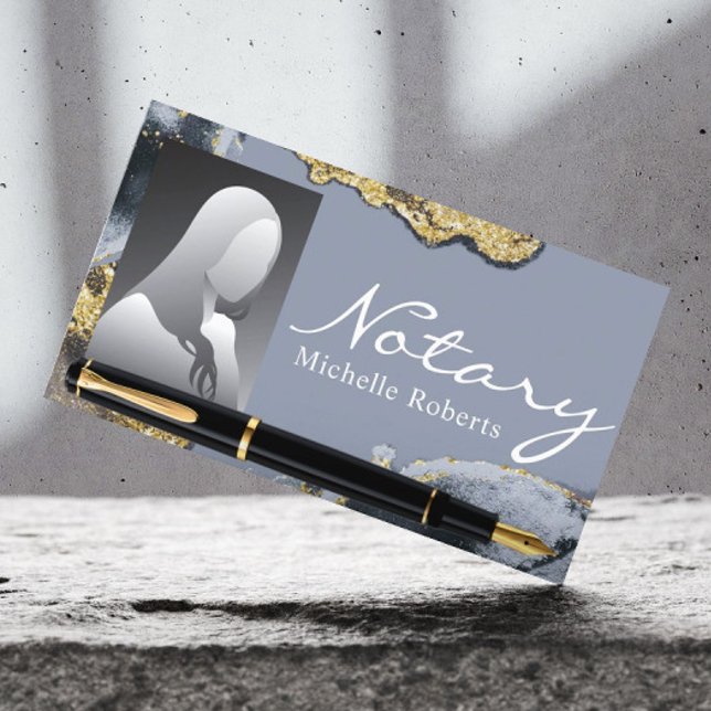 Tarjeta De Visita Notary Signary Agent Trendy Gold & Blue Photo (Subido por el creador)