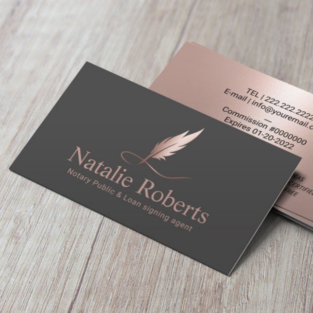 Tarjeta De Visita Notary Signing Agent Elegant Rosa Gold Quill Logo (Subido por el creador)