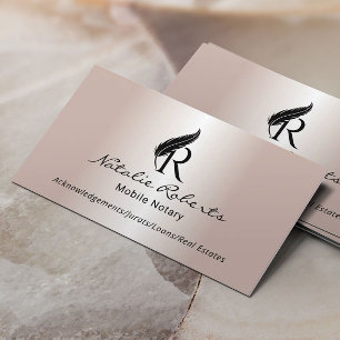 Tarjeta De Visita Notary Signing Agent Feather Monogram Rosa Gold
