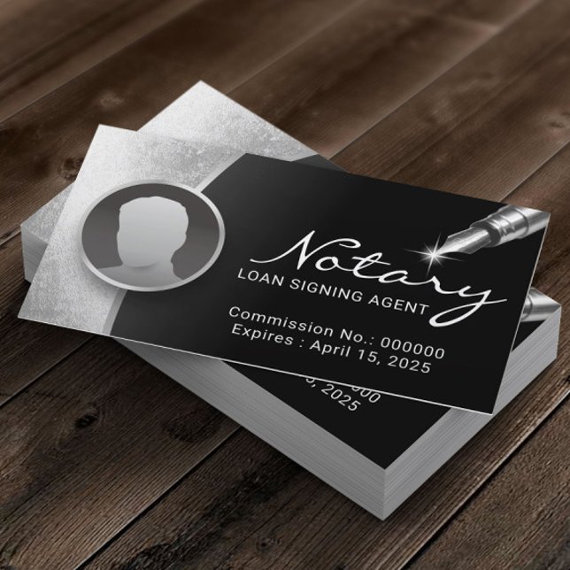 Tarjeta De Visita Notary Signing Agent Modern Black & Silver Photo (Subido por el creador)