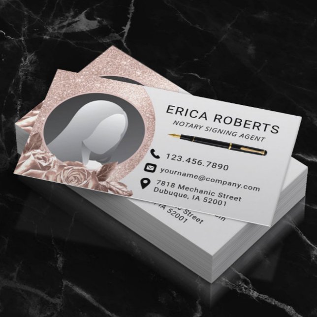 Tarjeta De Visita Notary Signing Agent Modern Rosa Gold Floral Photo (Subido por el creador)