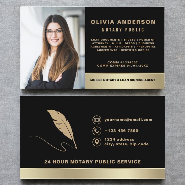 Tarjeta De Visita Notary Signing Agent Photo Black & Gold (Subido por el creador)