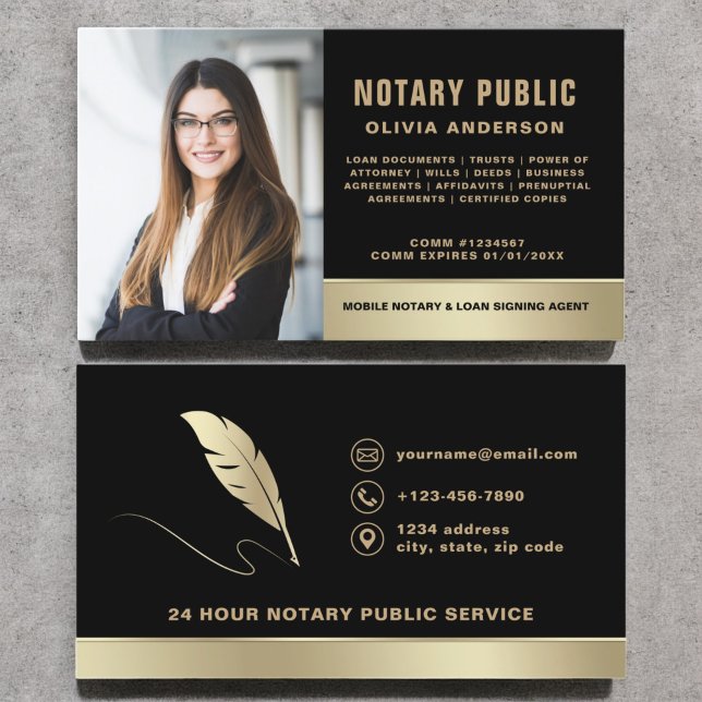 Tarjeta De Visita Notary Signing Agent Photo Black & Gold (Subido por el creador)