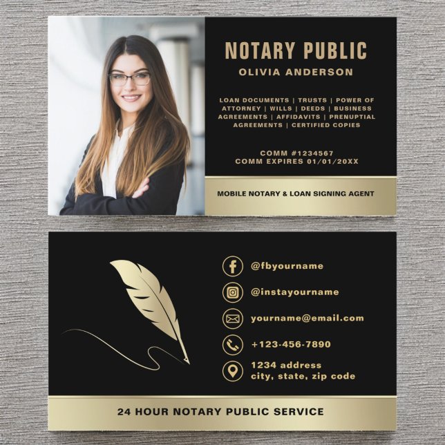 Tarjeta De Visita Notary Signing Agent Photo Black & Gold (Subido por el creador)