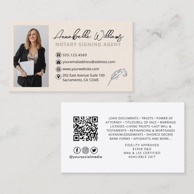 Tarjeta De Visita Notary Signing Agent QR Code Photo (Anverso / Reverso)