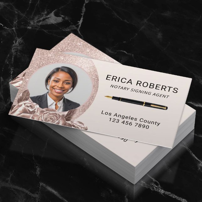 Tarjeta De Visita Notary Signing Agent Rubor Rosa Gold Floral Photo (Subido por el creador)