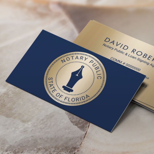 Tarjeta De Visita Notary Stamp Loan Siging Agent Navy & Gold (Subido por el creador)