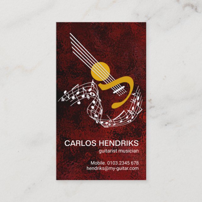 Tarjeta De Visita Notas de música flotantes Guitar Riffs Red Grunge (Anverso)