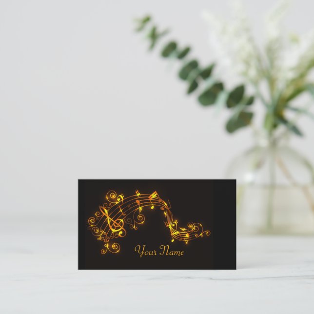 Tarjeta De Visita Notas musicales de Black and Gold Swirling (Anverso de pie)