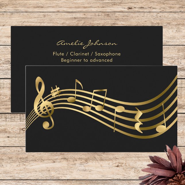 Tarjeta De Visita Notas musicales Flute Teacher Gold Elegant (Subido por el creador)