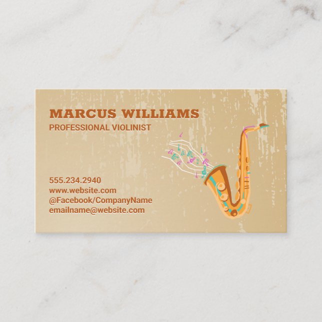 Tarjeta De Visita Notas musicales saxofónicas | Fondo grueso (Anverso)