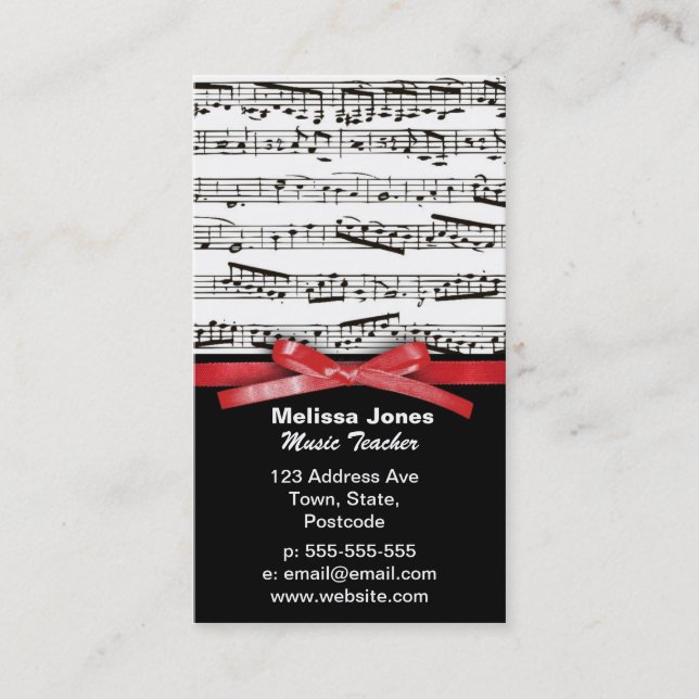Tarjeta De Visita Notas musicales y arco de cinta roja falsa (Anverso)