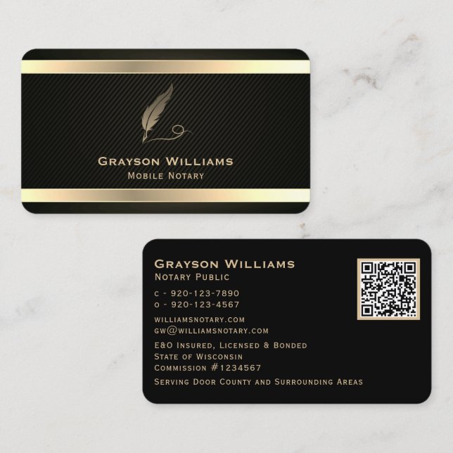 Tarjeta De Visita Noticiero móvil Quill QR Code Gold Black (Anverso / Reverso)