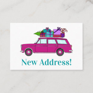 Tarjeta De Visita Nueva dirección coche morado con Navidades regalos