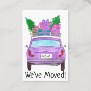 Tarjeta De Visita Nueva dirección coche morado con regalos de Navida
