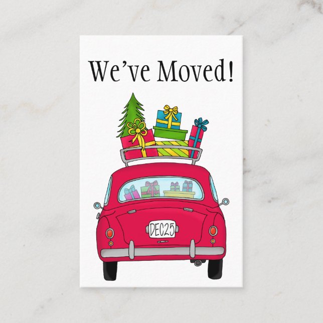 Tarjeta De Visita Nueva dirección Coche rojo con regalos de Navidade (Anverso)