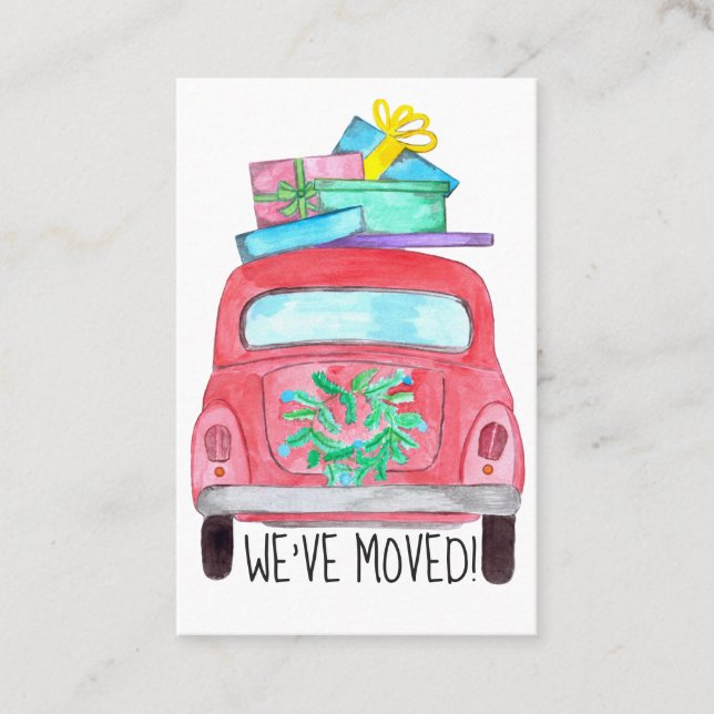 Tarjeta De Visita Nueva dirección coche rojo con regalos de Navidade (Anverso)