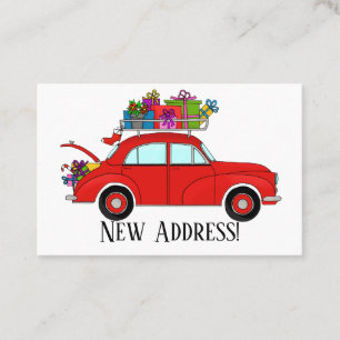 Tarjeta De Visita Nueva dirección Coche rojo con regalos de Navidade