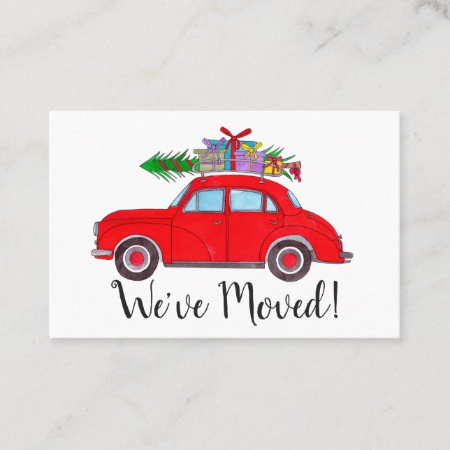 Tarjeta De Visita Nueva dirección coche rojo con regalos de Navidade (Anverso)