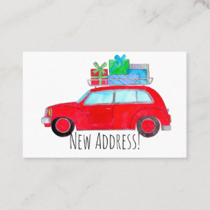 Tarjeta De Visita Nueva dirección Coche rojo con regalos de Navidade