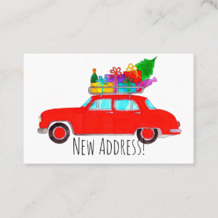 Tarjeta De Visita Nueva dirección Coche rojo con regalos de Navidade