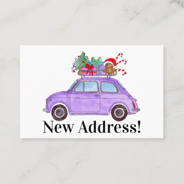 Tarjeta De Visita Nueva dirección Fiat púrpura 500 con regalos de Na (Anverso)