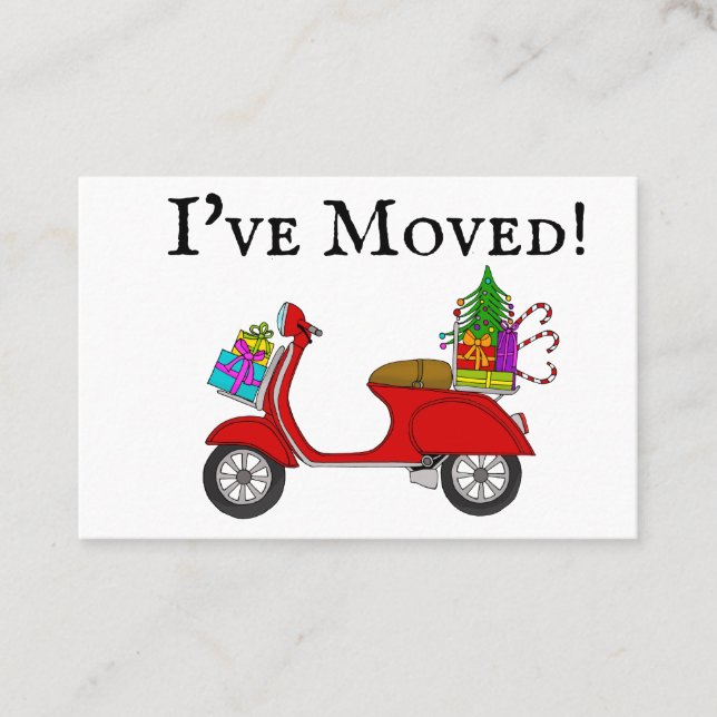 Tarjeta De Visita Nueva dirección Motocicleta retro roja con regalos (Anverso)