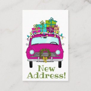Tarjeta De Visita Nueva dirección Purple Car con regalos de Navidade