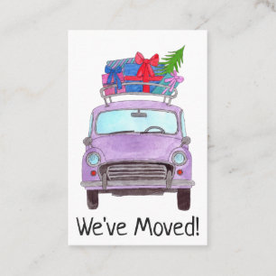 Tarjeta De Visita Nueva dirección Purple Car con regalos de Navidade