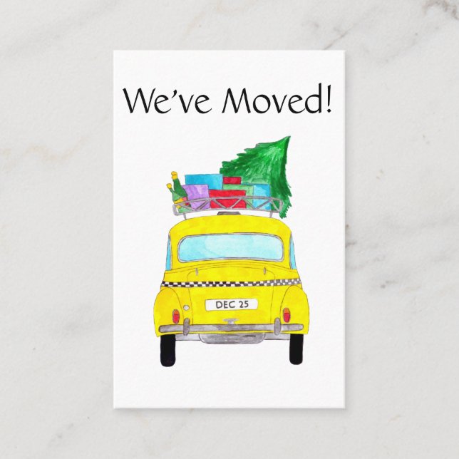 Tarjeta De Visita Nueva dirección taxi amarillo con regalos de Navid (Anverso)