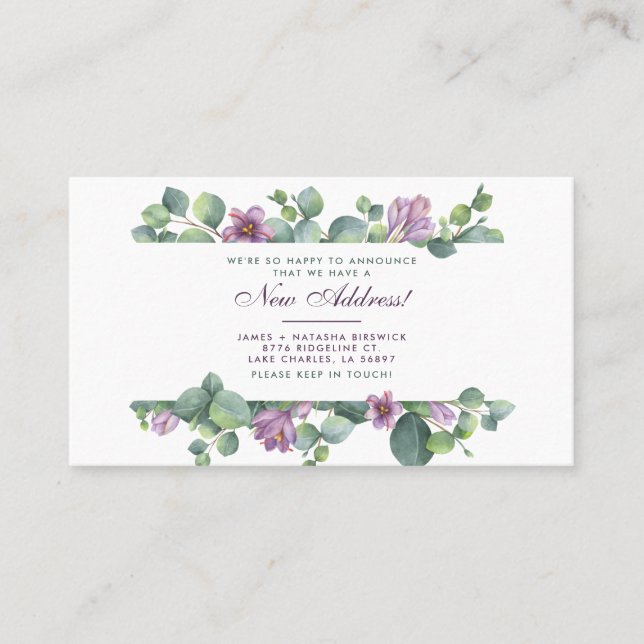 Tarjeta De Visita Nuevo hogar botánico hemos movido eucalipto anunci (Anverso)